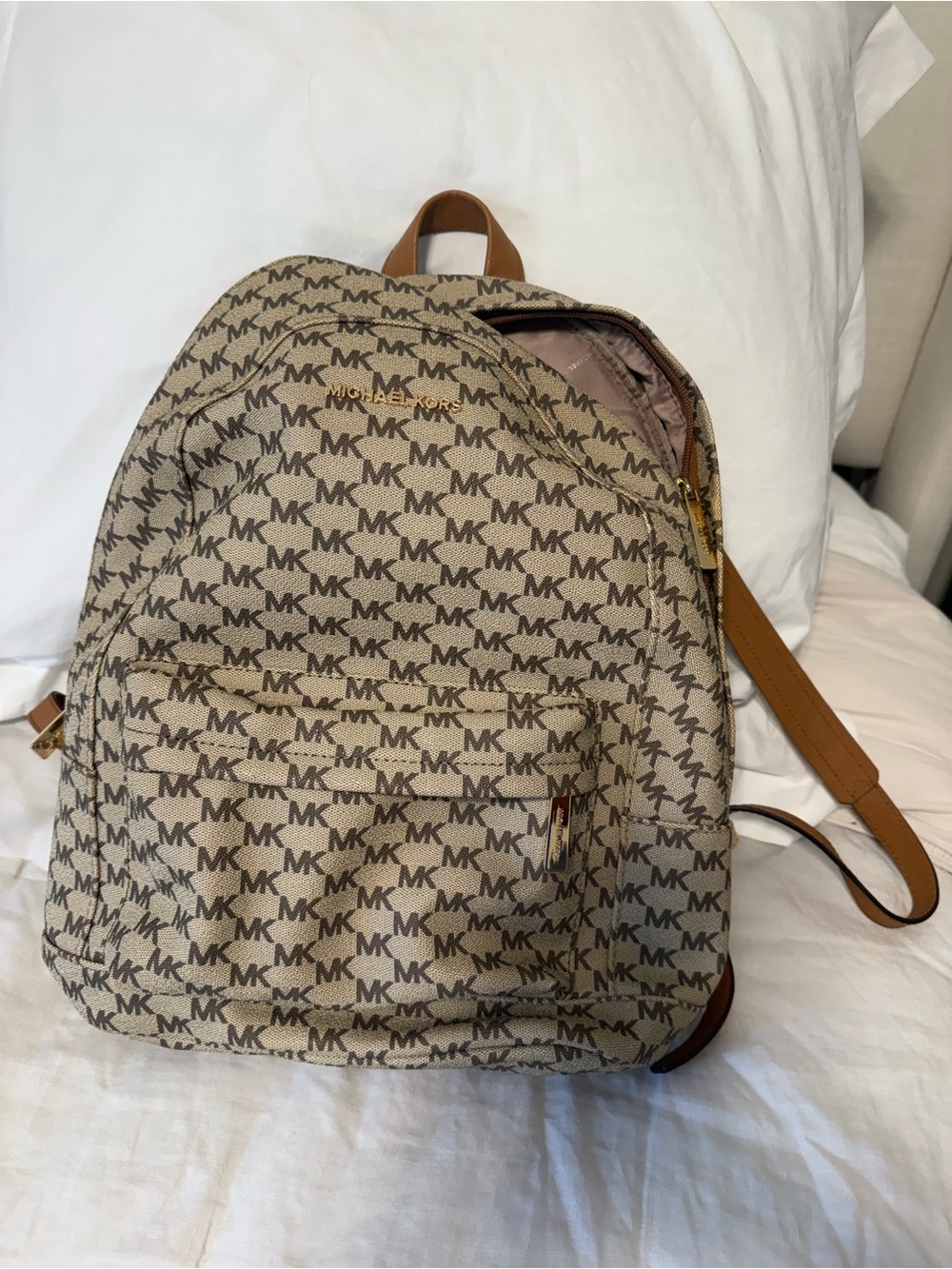 Michael Kors Beige MK Logo Monogram Backpack with Tan Trim